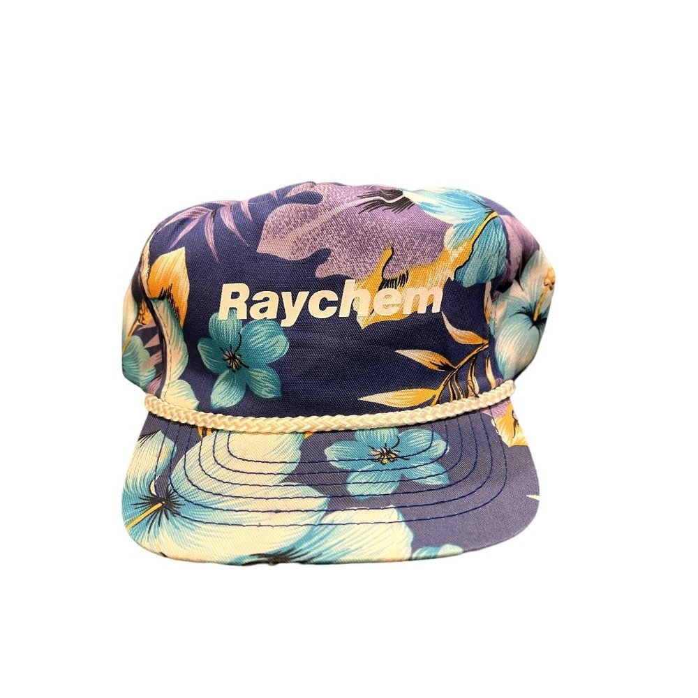 Vintage Raychem Hat Allover Blue Tropical Floral Print White Cord Rope San Sun